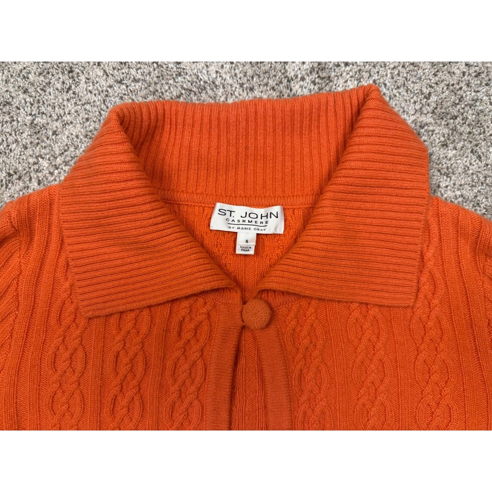St. John Cardigan Cashmere Small Orange Cable Knit Cropped Collared Sweater - Picture 2 of 8